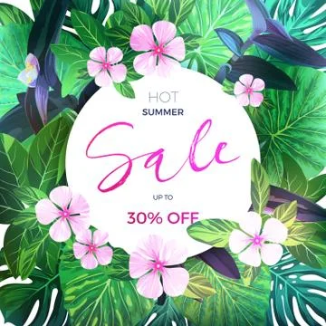 Customizable vector floral design template for summer sale. Tropical flyer with Stock Illustration
