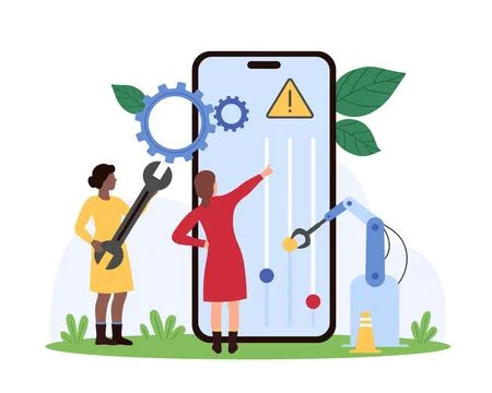Customization and improvement of mobile app with AI help, tiny people customize Illustrazione stock