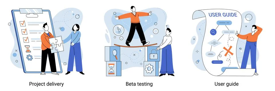 Customized software plan for customers. Project delivery, beta testing, user Stock Illustration
