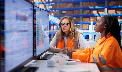 Customs Broker And Assistant Analyze Shipment Files Using Computer Software. 库存照片