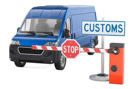Customs checkpoint van with stop barrier and customs sign. 3D rendering Stock Illustration
