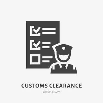 Customs clearance flat glyph icon. Policeman inspecting luggage sign. Solid Stock Illustration
