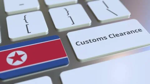 CUSTOMS CLEARANCE text and flag of North Korea on the computer keyboard. Import Stock Illustration