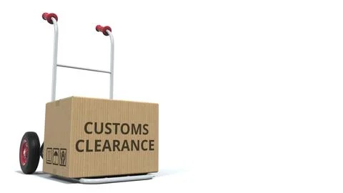 CUSTOMS CLEARANCE text on cardboard box loaded on a delivery cart. 3d rendering 스톡 일러스트