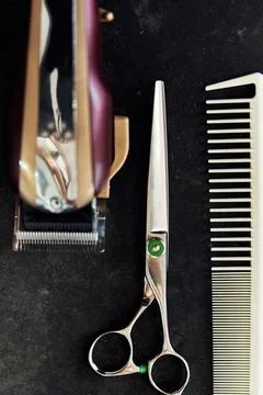 A cut above the rest. Still life shot of shear scissors, a hair comb and a Stock Photos