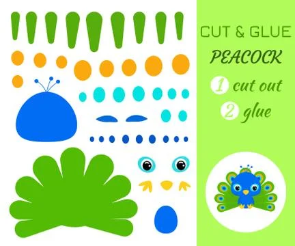 Cut and glue baby sitting peacock. Educational paper game Stock Illustration