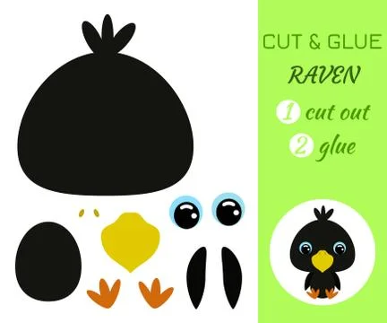 Cut and glue baby sitting raven. Educational paper game Stock Illustration