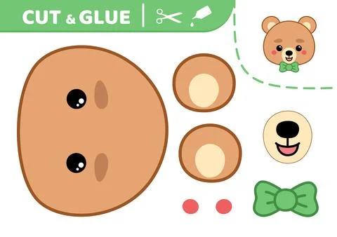 Cut and glue. Bear boy with green bow tie. Applique. Paper game. Vector Stock Illustration