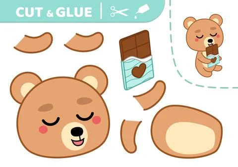 Cut and glue. Bear is enjoying the chocolate. Applique. Paper game. Vector Ilustración de archivo