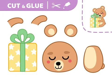 Cut and glue. Bear is hugging present. Applique. Paper game. Vector. Stock Illustration