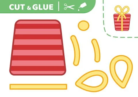 Cut and glue. Red present with yellow bow. Applique. Red gift. Paper game Stock Illustration