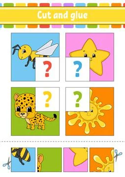 Cut and glue. Set flash cards. Color puzzle. Education developing worksheet.  Stock Illustration