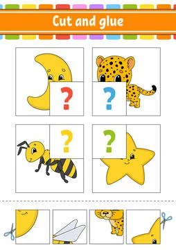 Cut and glue. Set flash cards. Color puzzle. Education developing worksheet.  Illustrazione stock