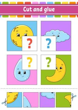 Cut and glue. Set flash cards. Color puzzle. Education developing worksheet.  Stock Illustration