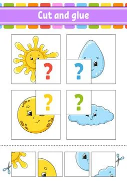 Cut and glue. Set flash cards. Color puzzle. Education developing worksheet.  Stock Illustration