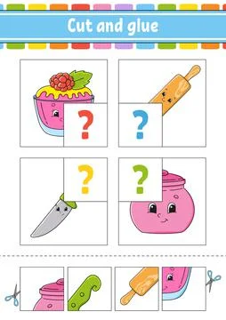 Cut and glue. Set flash cards. Color puzzle. Education developing worksheet.  Stock Illustration