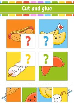 Cut and glue. Set flash cards. Color puzzle. Education developing worksheet.  Stock Illustration