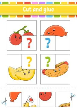 Cut and glue. Set flash cards. Color puzzle. Education developing worksheet.  Illustrazione stock
