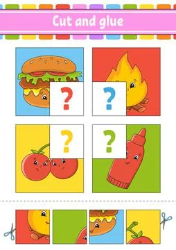 Cut and glue. Set flash cards. Color puzzle. Education developing worksheet.  Stock Illustration