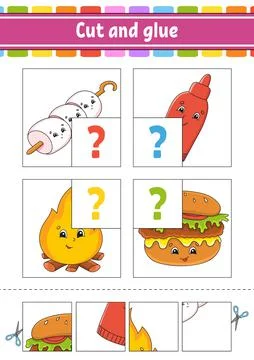 Cut and glue. Set flash cards. Color puzzle. Education developing worksheet.  Stock Illustration