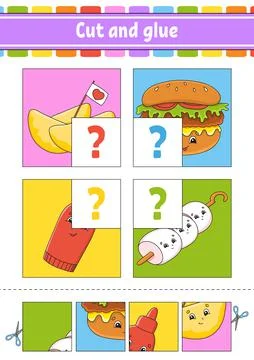 Cut and glue. Set flash cards. Color puzzle. Education developing worksheet.  Stock Illustration