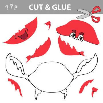 Cut and glue - Simple game for kids. Red smiling crab with a claw raised up Stock Illustration
