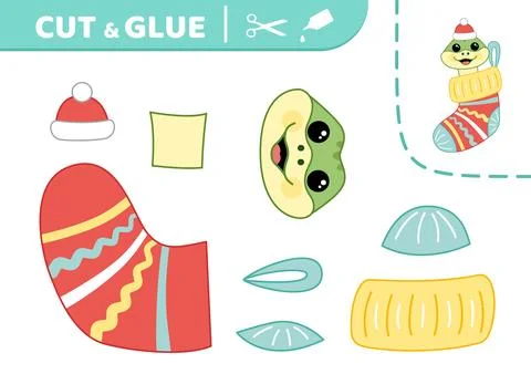 Cut and glue. Stocking with snake. Applique. Cheerful snake. Paper game. Vector Stock Illustration