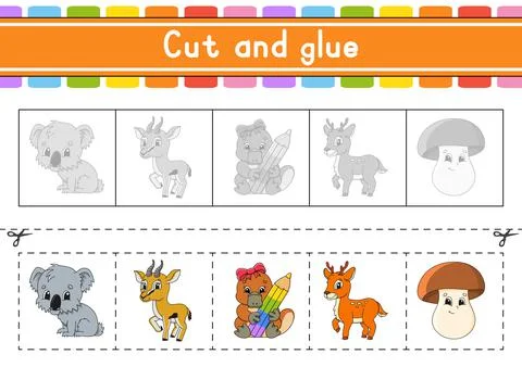 Cut and play. Paper game with glue. Flash cards. Education worksheet. Activit Stock Illustration