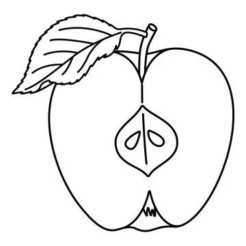 Cut Apple with a leaf doodle style coloring book. Hand drawn fruit coloring book Illustrazione stock