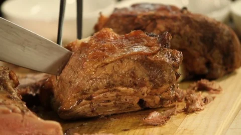 Cut beef in kitchen 스톡 동영상 76390865