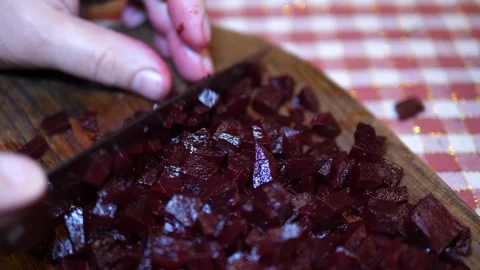 Cut Beetroot on Board with Knife. Cooking Salad at Home. Preparing Homemade Food 스톡 동영상 127779200