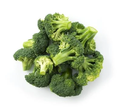 Cut broccoli placed on a white background Stock Photos