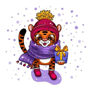 Cut Cartoon Tiger in warm hat is carrying gift Stock Illustration
