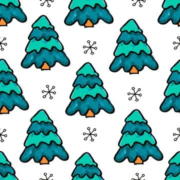 Cut Christmas seamless pattern with blue fir trees and snowflakes. Xmas simple Stock Illustration