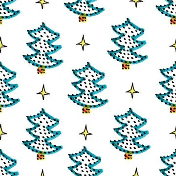 Cut Christmas seamless pattern with blue fir trees and yellow stars. Xmas simple Stock Illustration