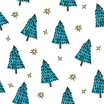 Cut Christmas seamless pattern with blue fir trees and yellow stars. Xmas simple Stock Illustration
