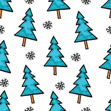 Cut Christmas seamless pattern with blue fir trees and snowflakes. Xmas simple Stock Illustration