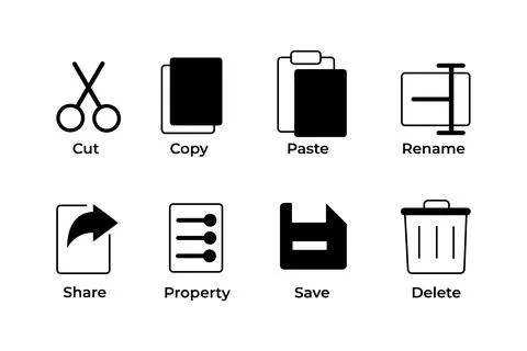 Cut, copy, paste, rename, share, save and delete icon symbol collection 스톡 일러스트