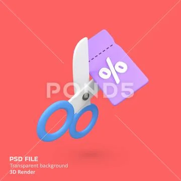 Cut the discount sales label with scissors isolated 3d render icon illustrati PSD Template