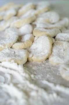 The cut dough to floured rolling. Making of pierogi with Cherry. Stock Photos