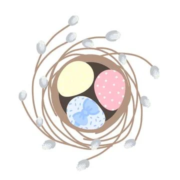 Cut Easter eggs in nest willow background Stock Illustration