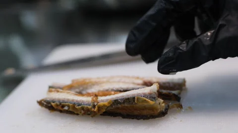 Cut eel for sushi chef in gloves cutting an eel fillet with a professional knife Video stock 285180867