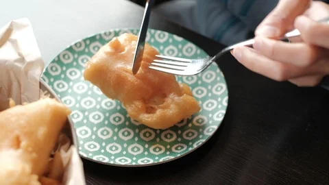 Cut fish and chip for eating lunch time Stock Footage 100766010