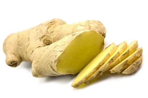 Cut ginger root on white background Stock Photos