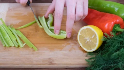 Cut green pepper julienne Video stock 232874545