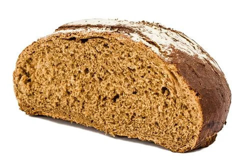 Cut in half a loaf of fresh bread, isolated on white background Stock Photos