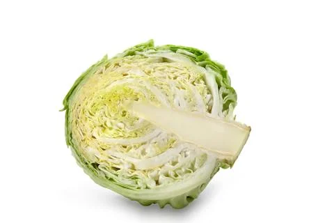 Cut off half of white-headed, light green cabbage isolated on white background Stock-Fotos