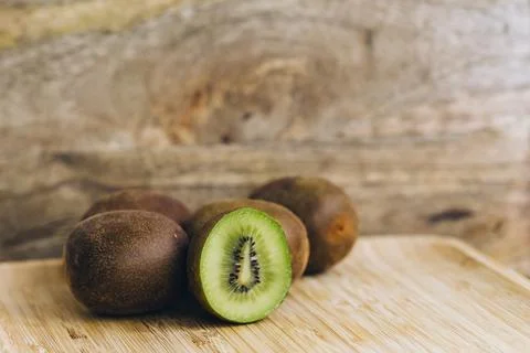 Cut kiwi close-up, the texture of the fruit is clearly visible. place for text Stock Photos
