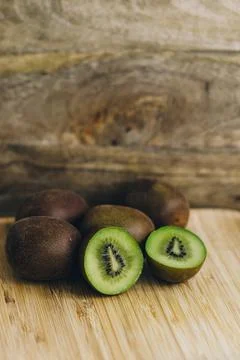 Cut kiwi close-up, the texture of the fruit is clearly visible. place for text Stock Photos