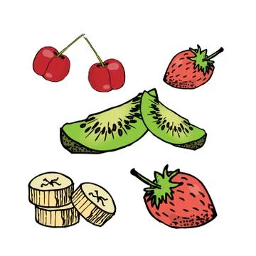 Cut kiwi strawberry cherry and bananas fruit piece isolated on white Ilustração Stock